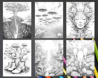 60 Enchanting Surrealism Grayscale Coloring Pages Printable for Adults, PDF File Instant Download