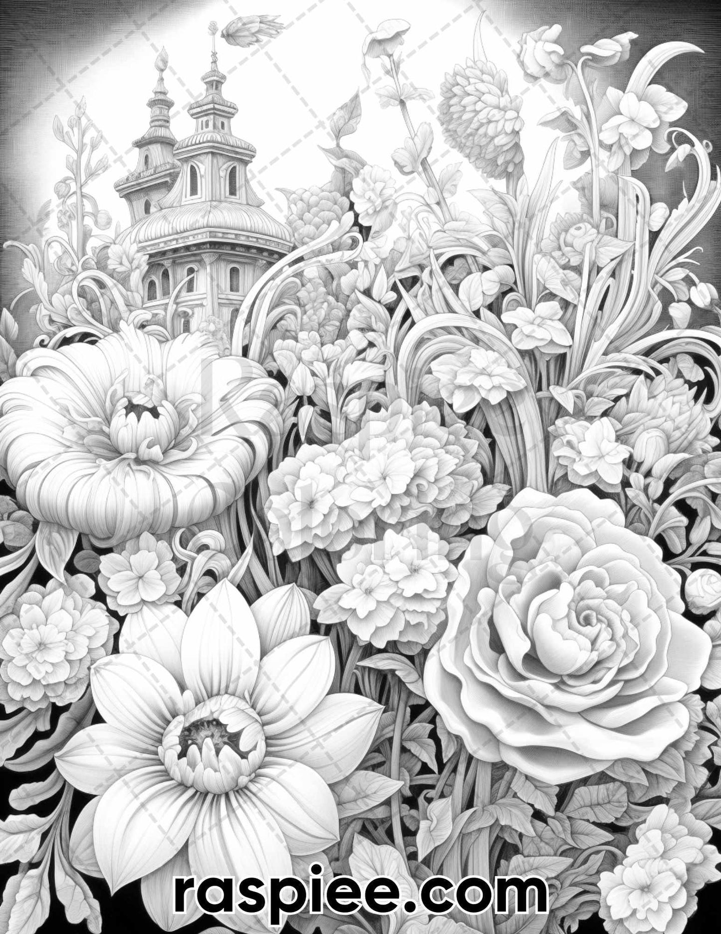 55 Fantasy Flowers Grayscale Coloring Pages for Adults, Printable PDF File Instant Download