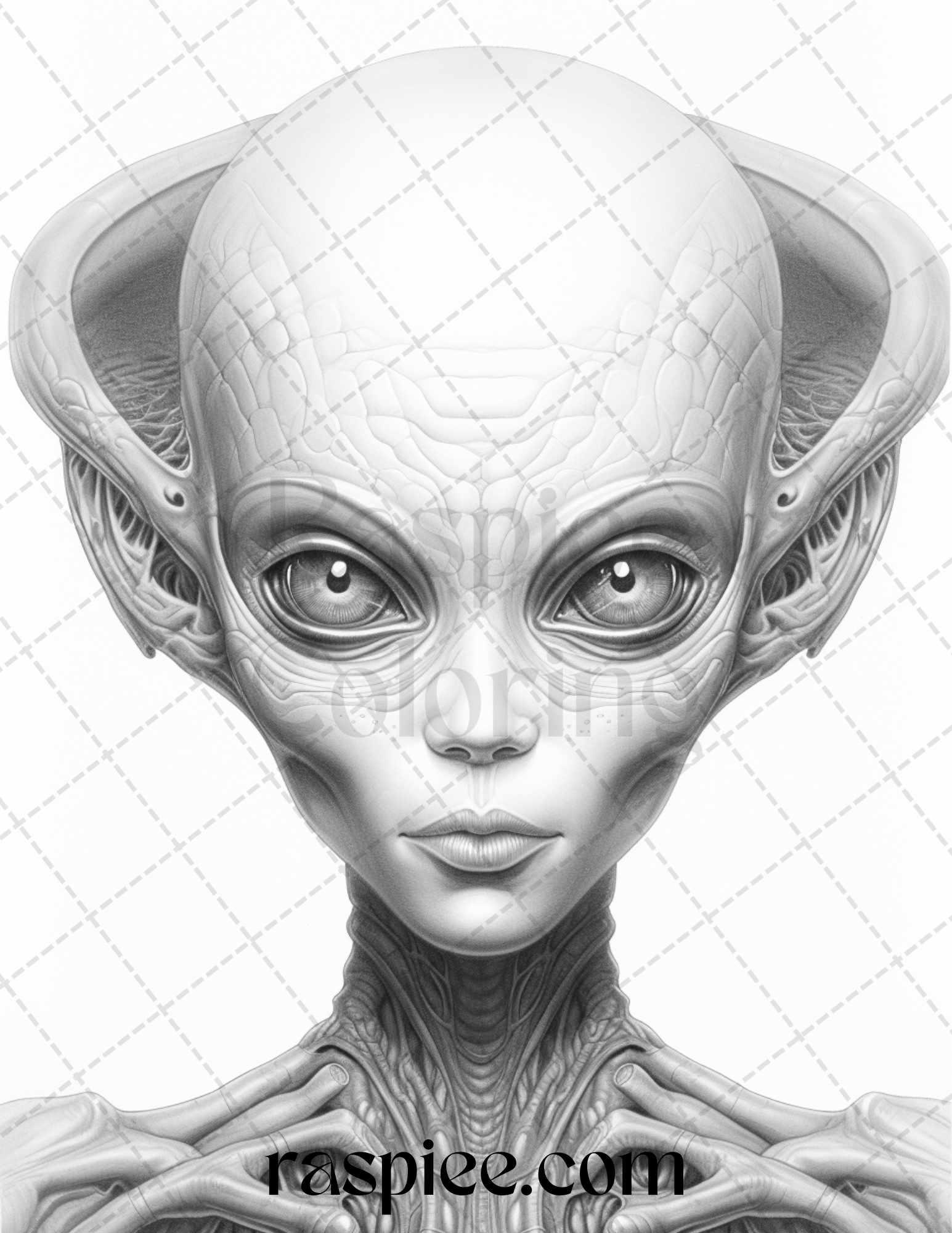 65 Alien Portrait Grayscale Coloring Pages for Adults, Printable PDF File Instant Download