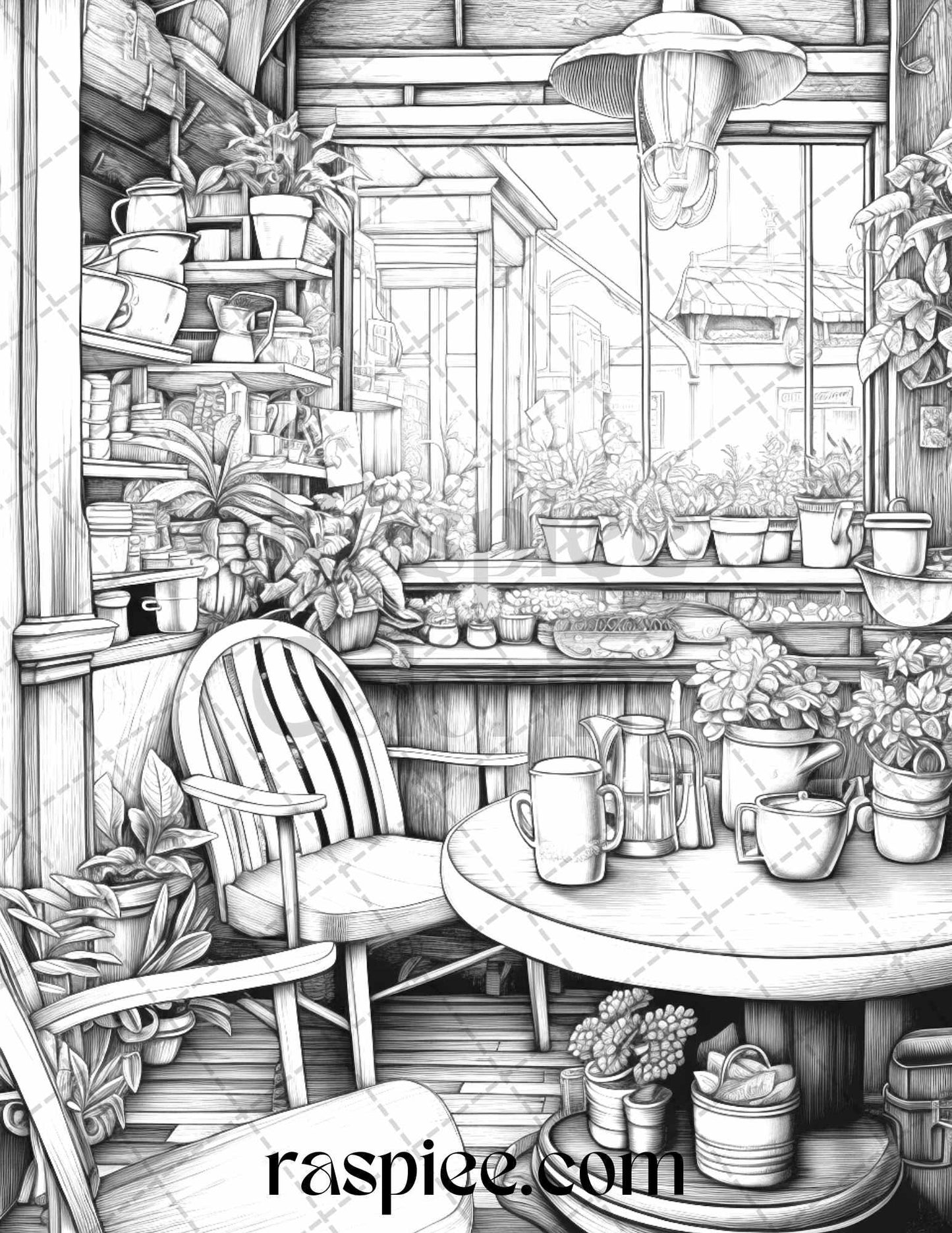 50 Cozy Coffee Shop Grayscale Coloring Pages Printable for Adults, PDF File Instant Download