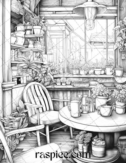 50 Cozy Coffee Shop Grayscale Coloring Pages Printable for Adults, PDF File Instant Download