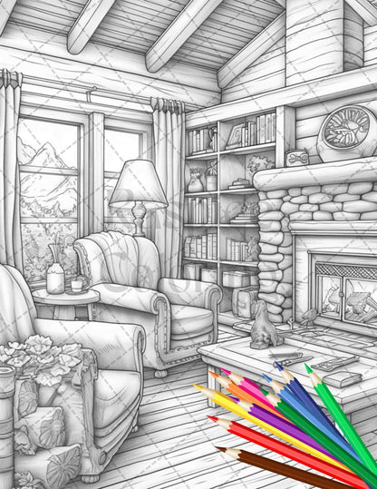 Cozy Cabin Interior Grayscale Coloring Pages Printable for Adults, PDF File Instant Download