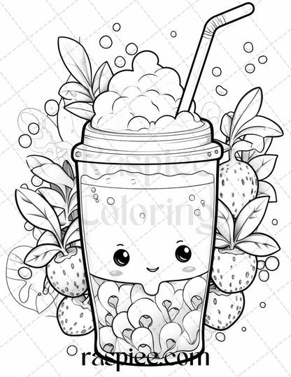 50 Cute Kawaii Boba Tea Grayscale Coloring Pages for Adults and Kids, Printable PDF File Instant Download