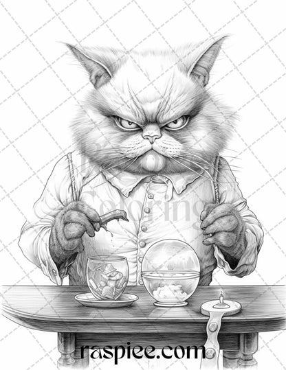 50 Grumpy Cat Grayscale Coloring Pages Printable for Adults, PDF File Instant Download