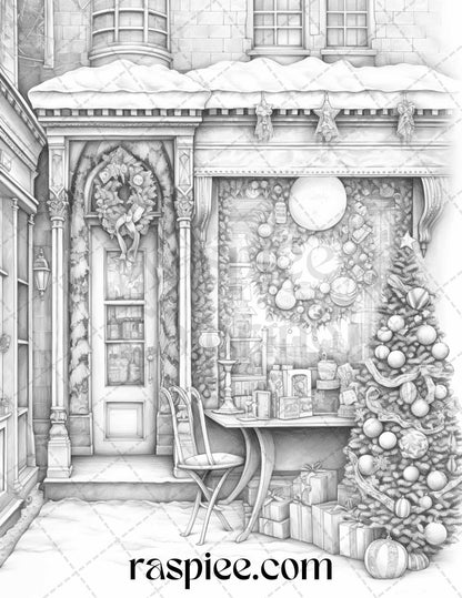 Christmas Store Front Grayscale Coloring Pages for Adults, PDF Printable Instant Download