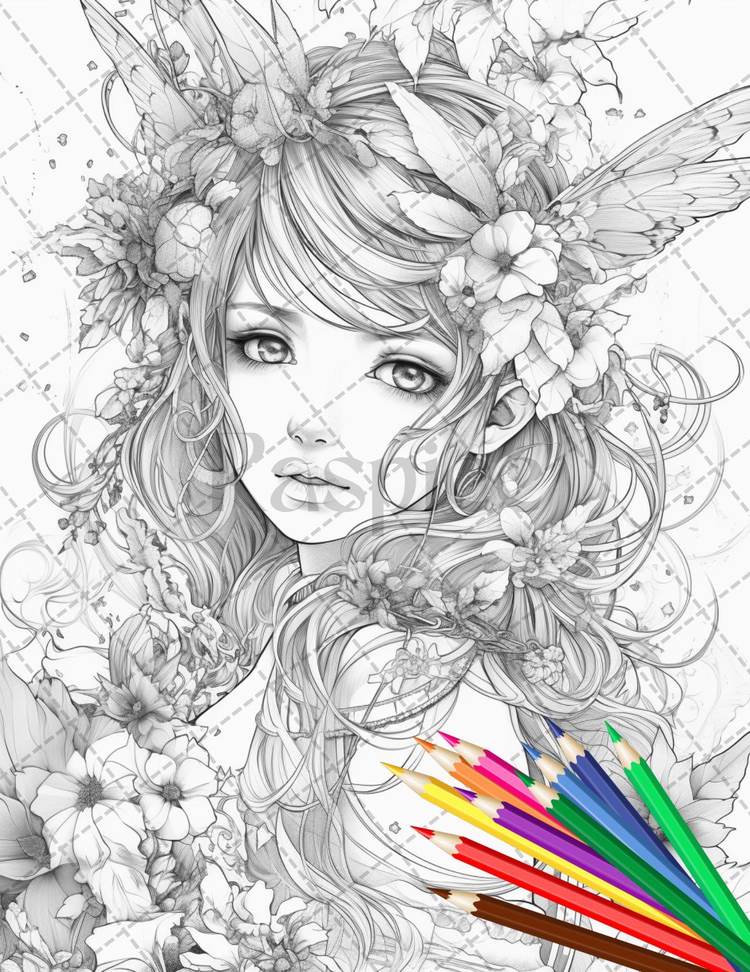 32 Anime Fairy Girl Printable Coloring Pages for Adults, Cute Fairy Grayscale Coloring Book, Printable PDF File Download