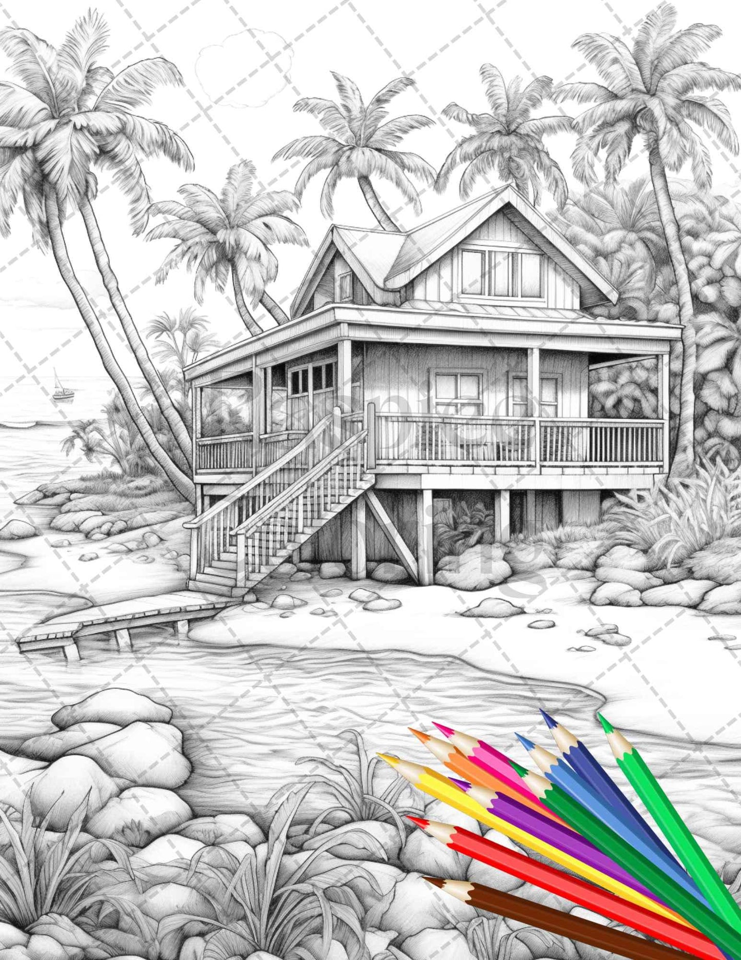 Beautiful Tropical Beach Grayscale Coloring Pages Printable for Adults, PDF File Instant Download