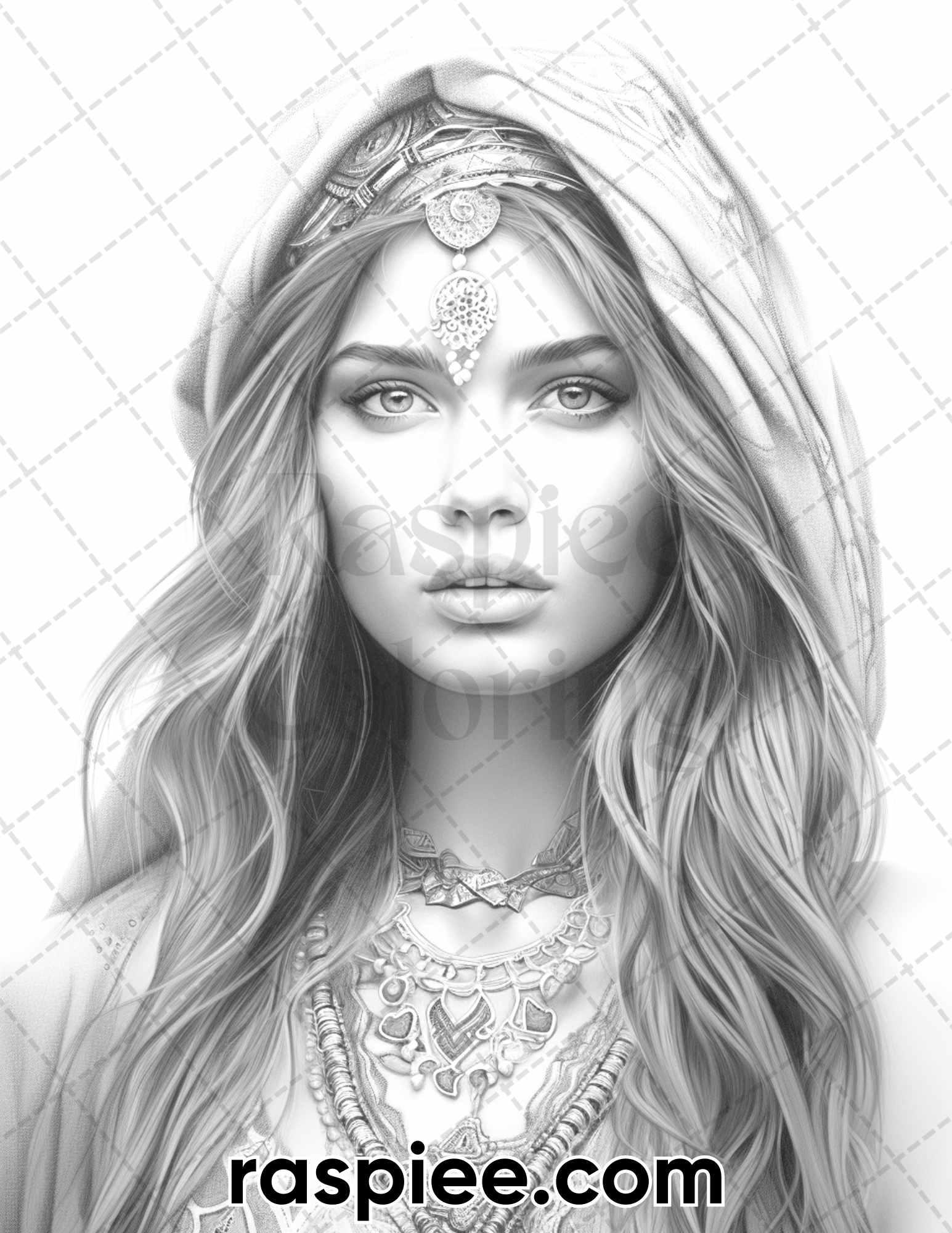 60 Bohemian Beauties Grayscale Coloring Pages for Adults, Printable PDF Instant Download