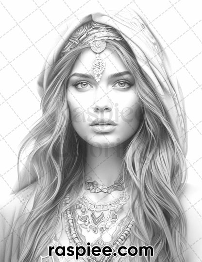 60 Bohemian Beauties Grayscale Coloring Pages for Adults, Printable PDF Instant Download
