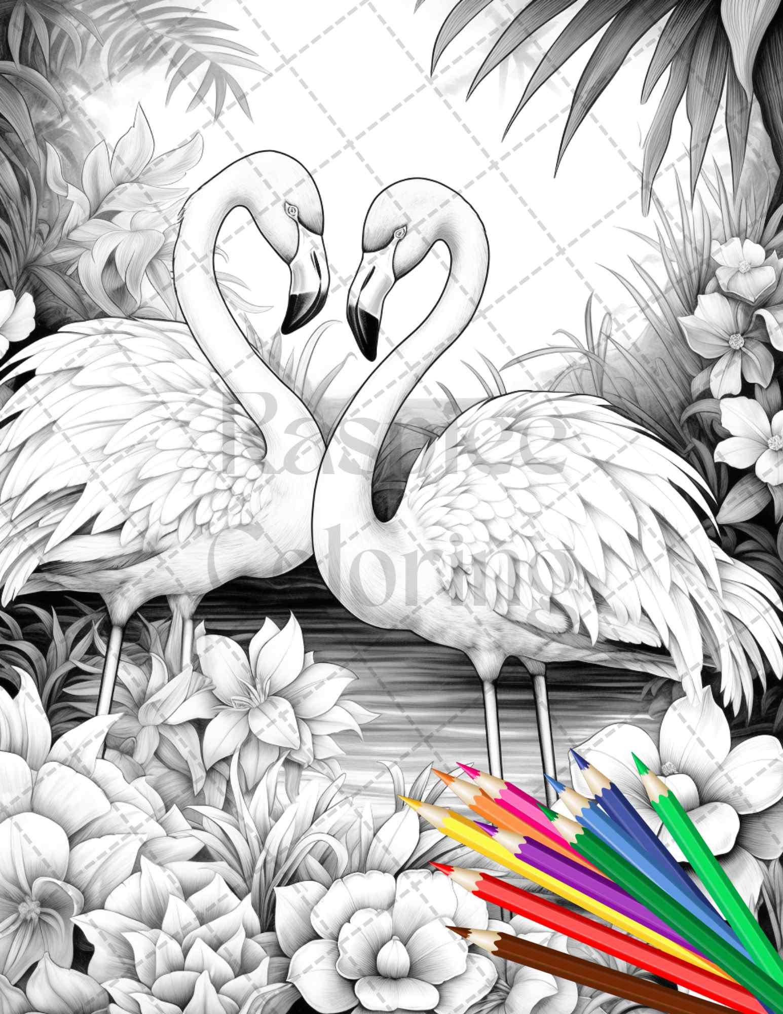 Flamingo Oasis Grayscale Coloring Pages Printable for Adults, PDF File Instant Download