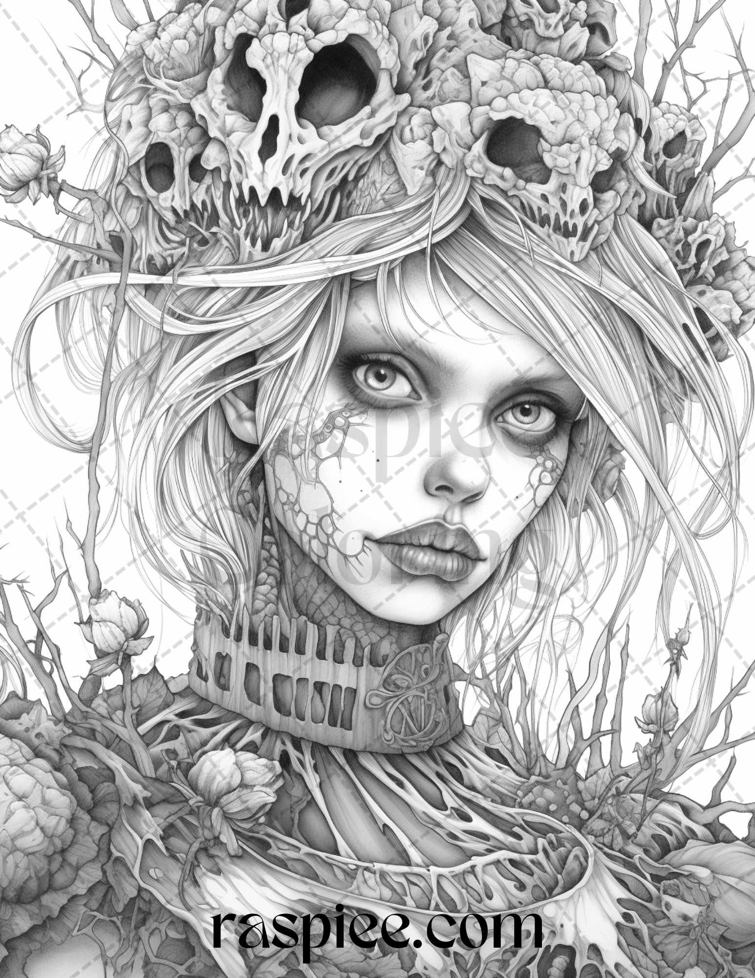 60 Halloween Zombie Fairy Grayscale Coloring Pages Printable for Adults, PDF File Instant Download
