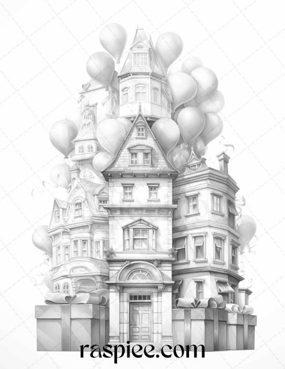 40 Adorable Gift Box Houses Grayscale Coloring Pages Printable for Adults Kids, PDF File Instant Download