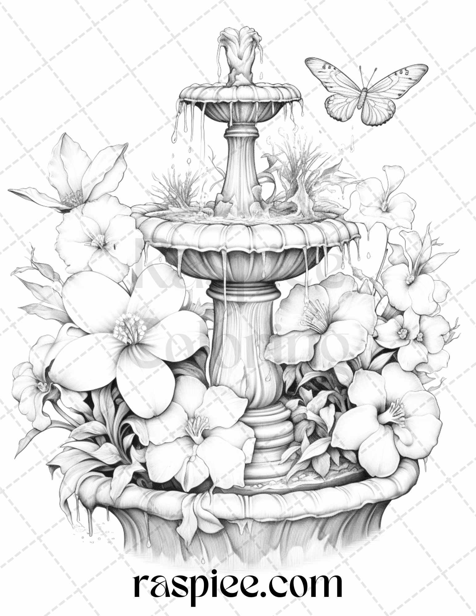 32 Blooming Fountains Grayscale Coloring Pages Printable for Adults, PDF File Instant Download