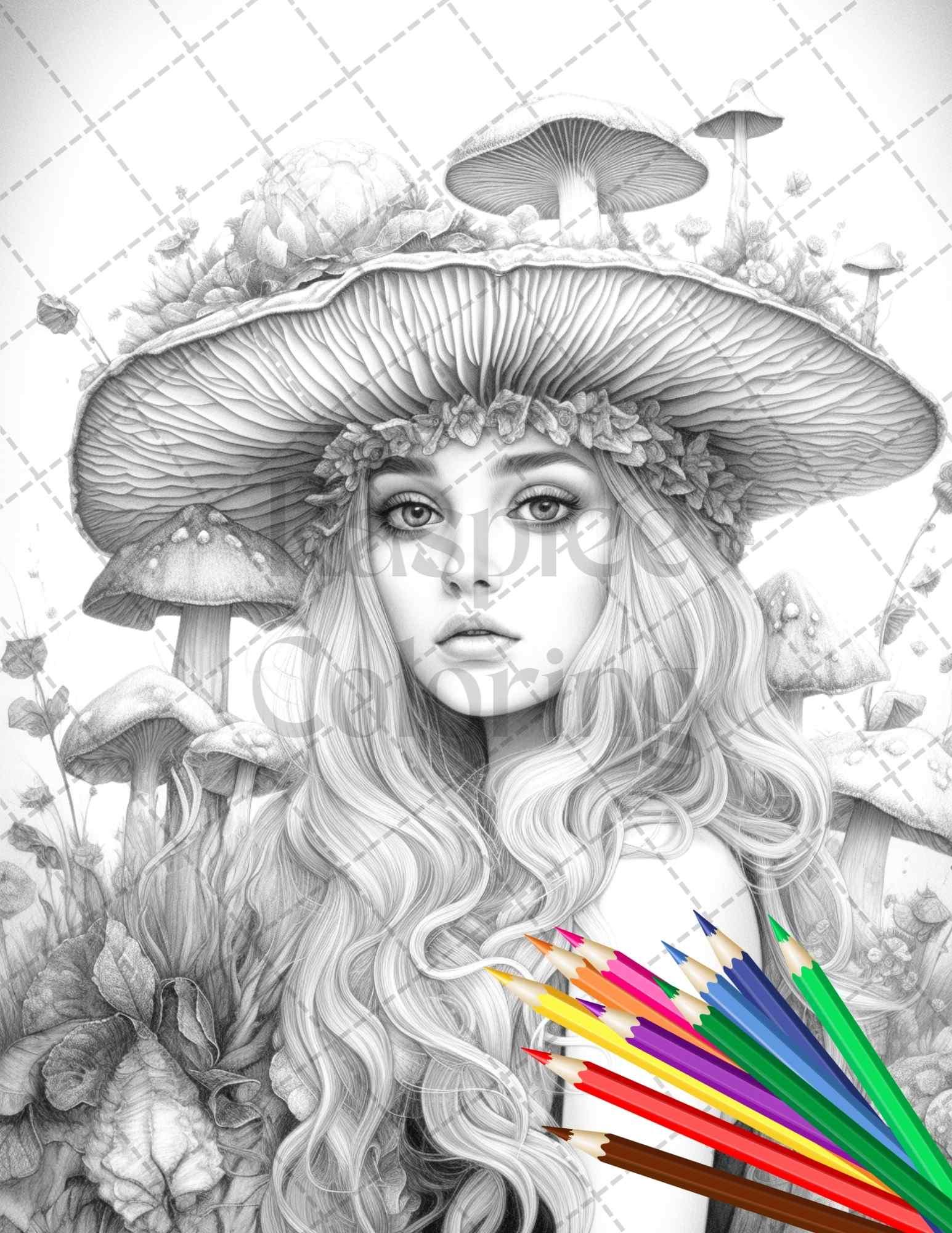 50 Mushroom Fairy Grayscale Coloring Pages Printable for Adults, PDF File Instant Download
