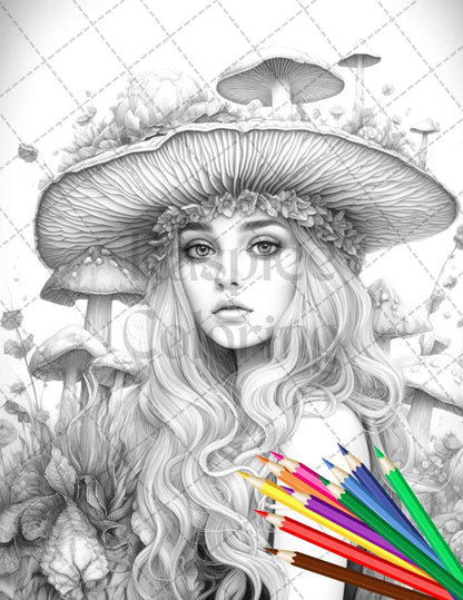 50 Mushroom Fairy Grayscale Coloring Pages Printable for Adults, PDF File Instant Download