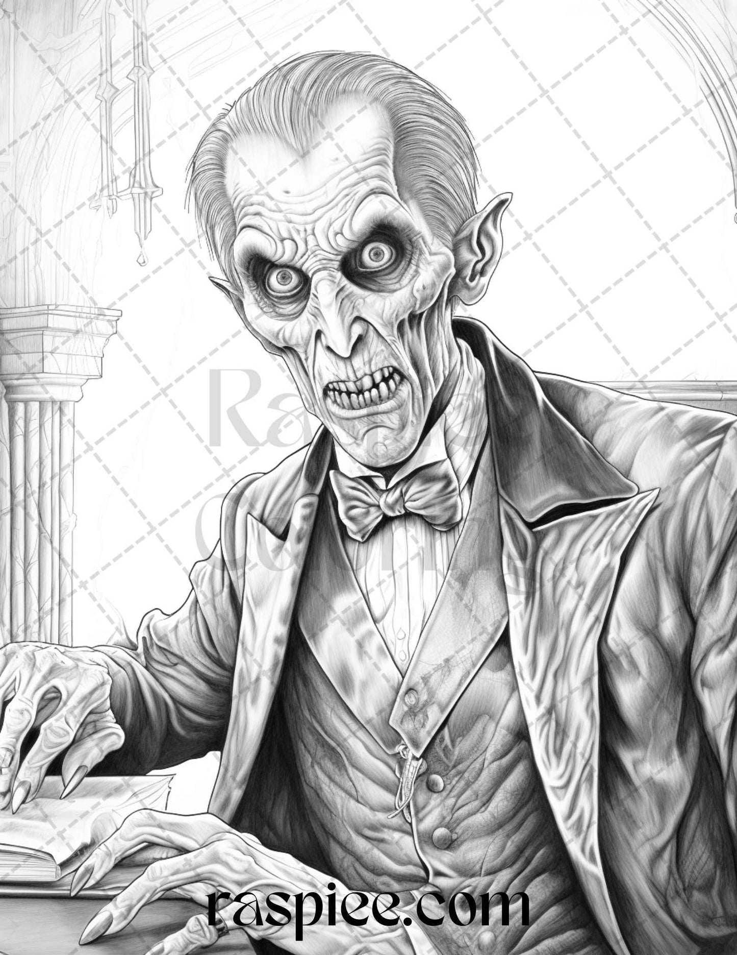 60 Halloween Vampire Grayscale Coloring Pages Printable for Adults, PDF File Instant Download