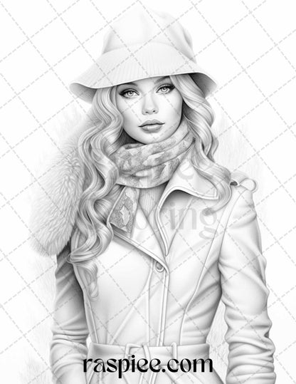 40 Winter Fashion Grayscale Coloring Pages Printable for Adults, PDF File Instant Download