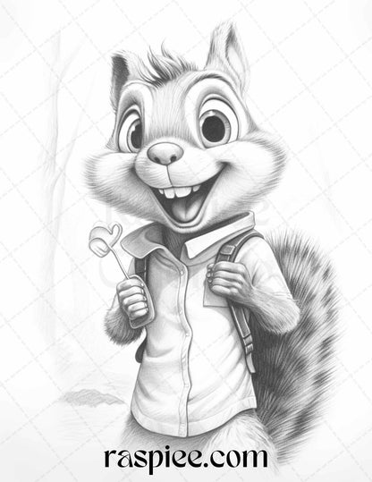 52 Adorable Squirrels Grayscale Coloring Pages Printable for Adults Kids, PDF File Instant Download