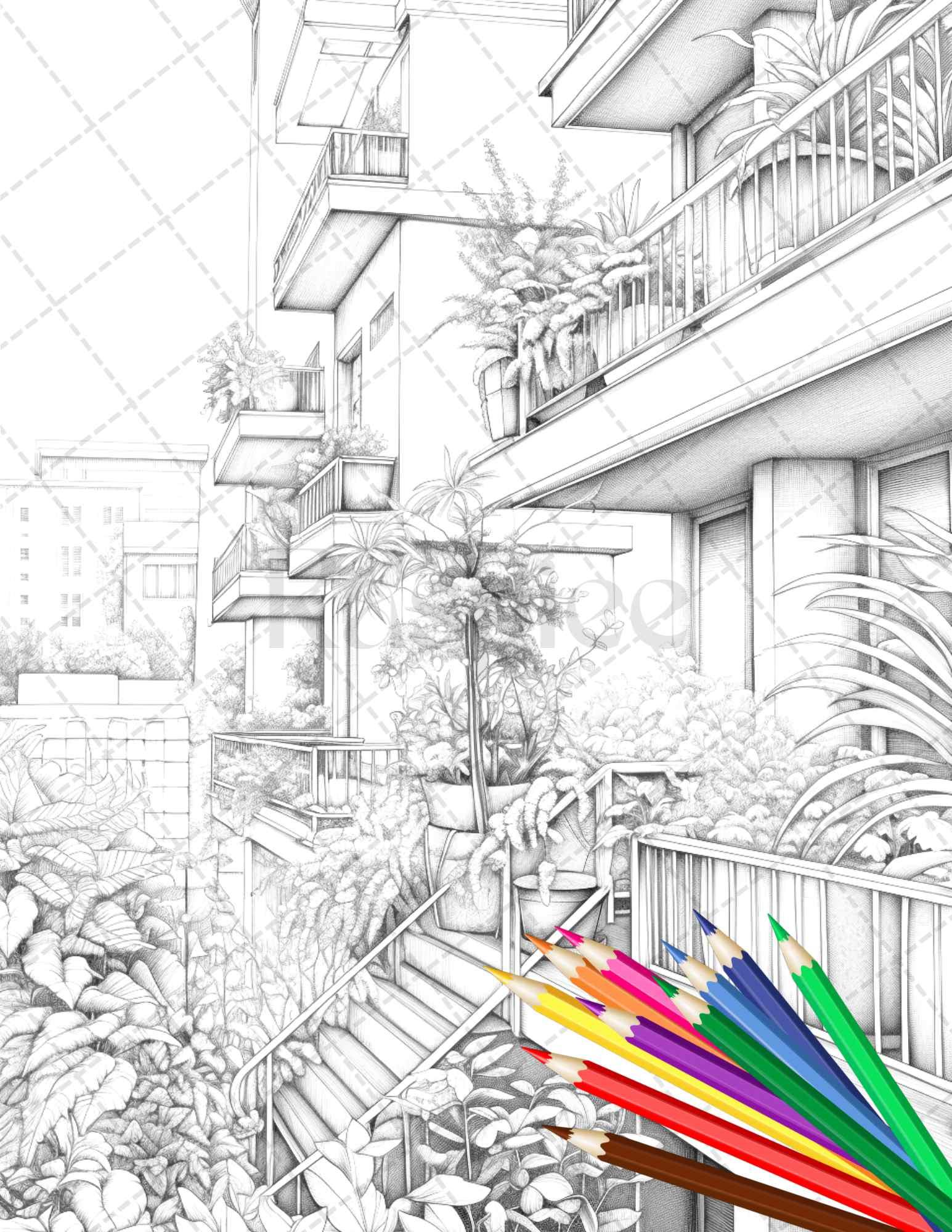 Charming Balcony Garden Grayscale Coloring Pages Printable for Adults, PDF File Instant Download