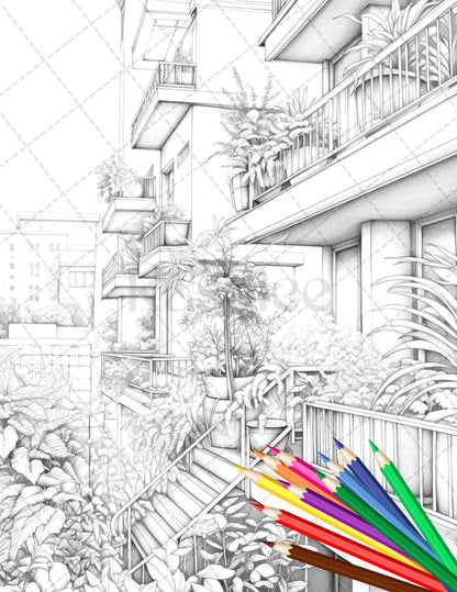 Charming Balcony Garden Grayscale Coloring Pages Printable for Adults, PDF File Instant Download