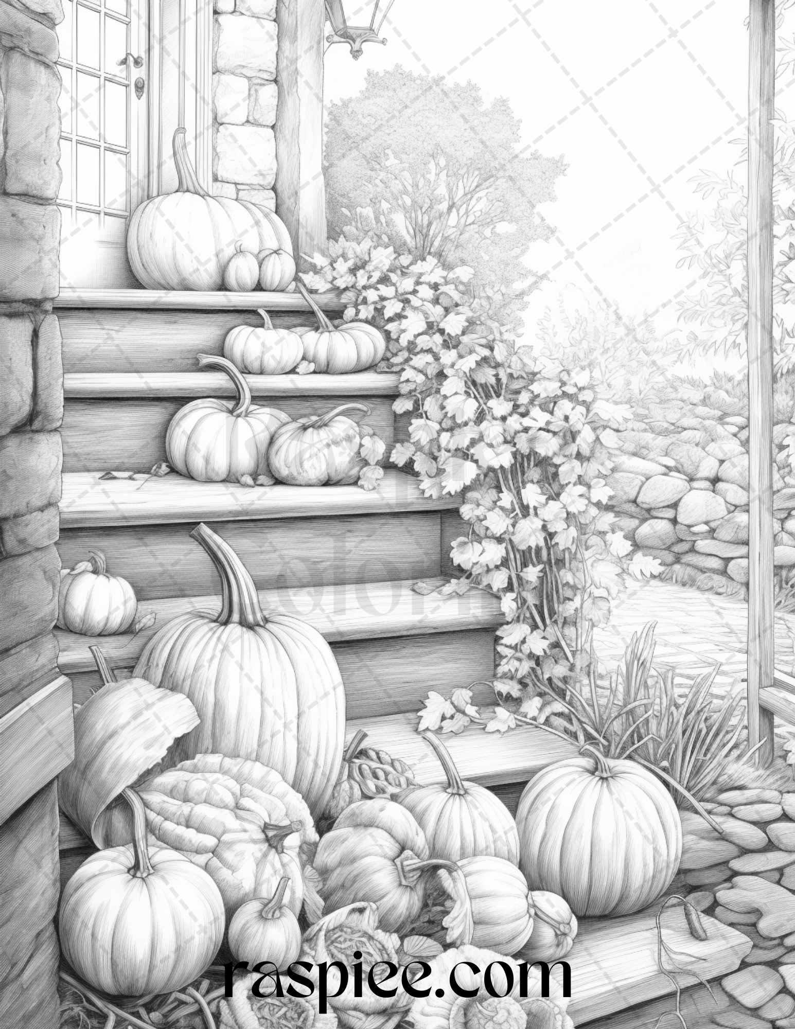Autumn Scenery Grayscale Coloring Pages Printable for Adults, PDF File Instant Download