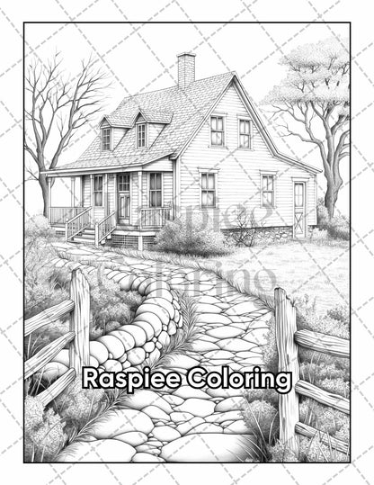 50 Country Farm Scenes Adult Coloring Pages Printable PDF Instant Download