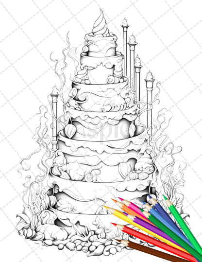 38 Whimsical Cakes Grayscale Coloring Pages for Adults, PDF File Instant Download