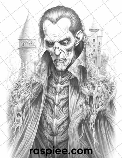 50 Count Dracula Grayscale Coloring Pages Printable for Adults, PDF File Instant Download