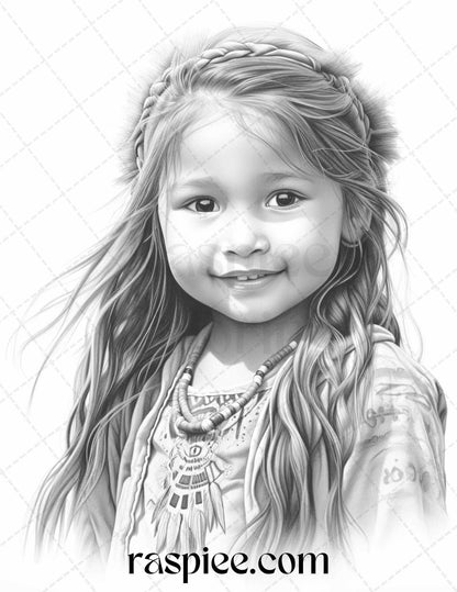 50 Native American Little Girls Boys Grayscale Coloring Pages Printable for Adults Kids, PDF File Instant Download