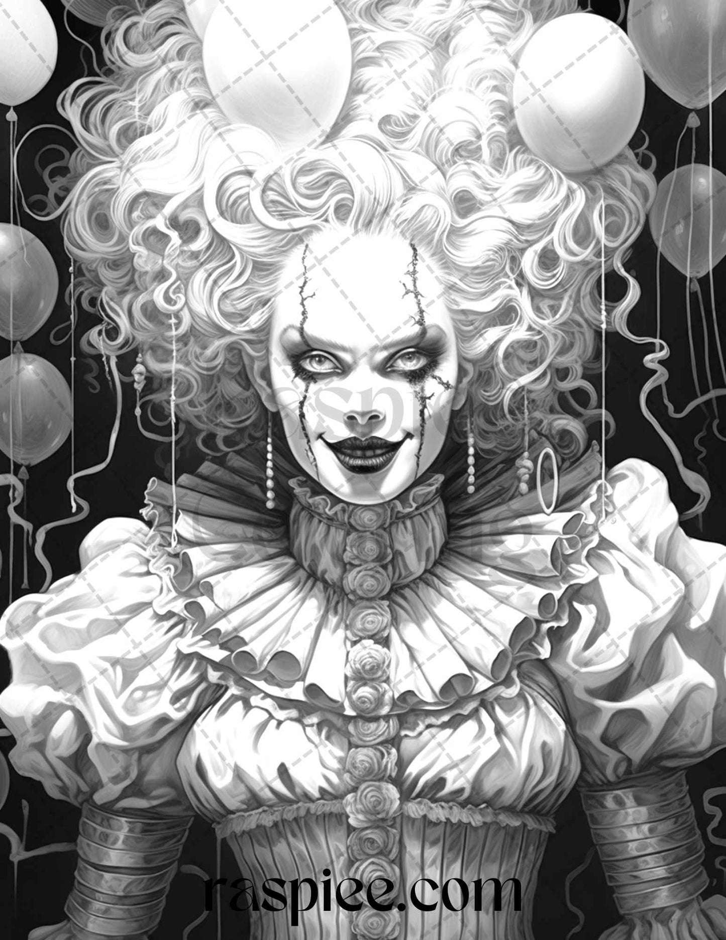 50 Scary Clown Girls Grayscale Coloring Pages Printable for Adults, PDF File Instant Download