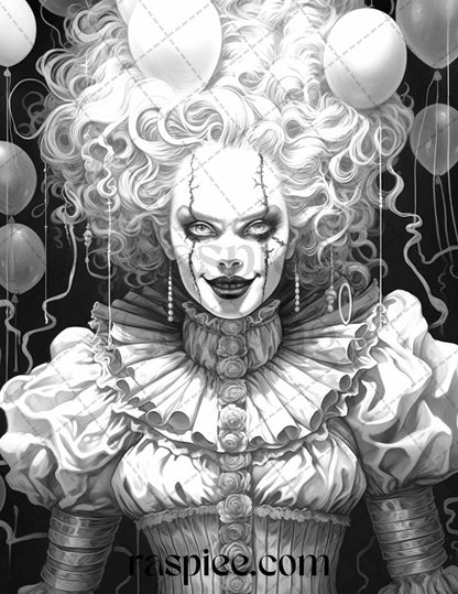 50 Scary Clown Girls Grayscale Coloring Pages Printable for Adults, PDF File Instant Download