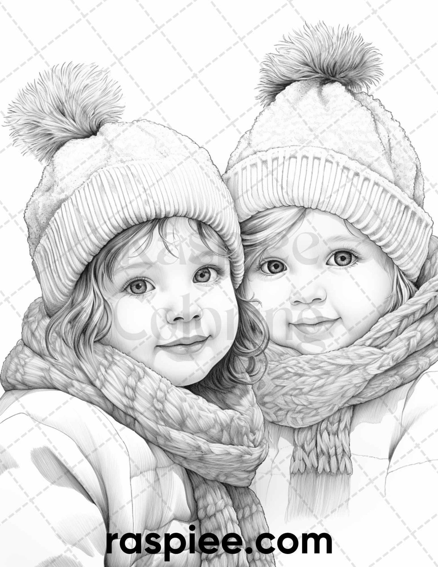 50 Baby Winter Portrait Grayscale Coloring Pages Printable for Adults, PDF File Instant Download