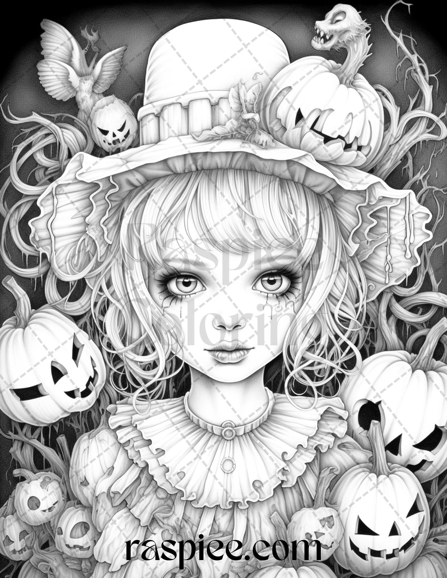 55 Halloween Girls Grayscale Coloring Pages Printable for Adults, PDF File Instant Download