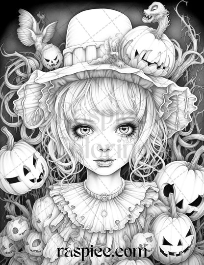 55 Halloween Girls Grayscale Coloring Pages Printable for Adults, PDF File Instant Download