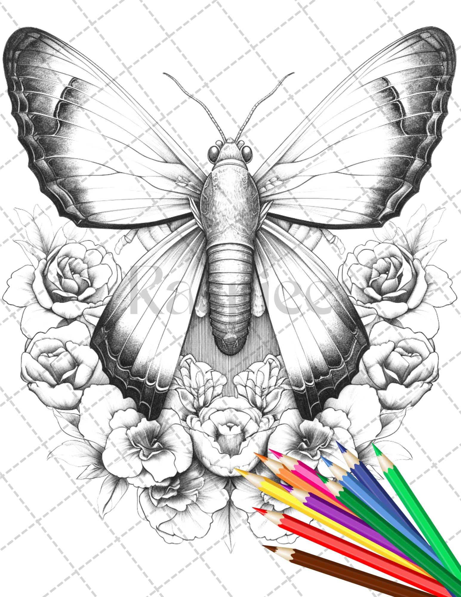 32 Beautiful Moths and Floral Coloring Book for Adults, Grayscale Coloring Page, Printable PDF Instant Download