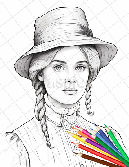 36 Beautiful Victorian Girls Coloring Pages Printable for Adults, Grayscale Coloring Page, PDF File Instant Download