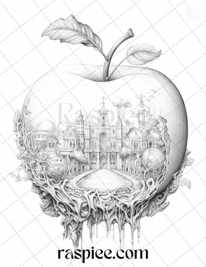 60 Miniworld in the Apple Grayscale Coloring Pages Printable for Adults, PDF File Instant Download