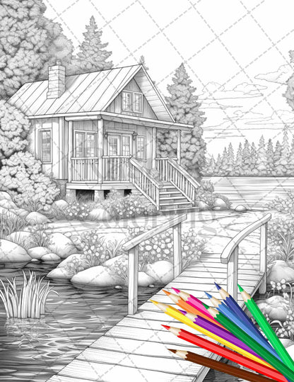 Lake Cabin Scenery Grayscale Coloring Pages Printable for Adults, PDF File Instant Download