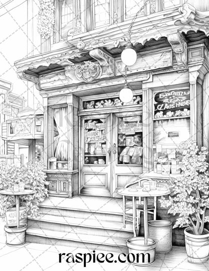 50 Cozy Coffee Shop Grayscale Coloring Pages Printable for Adults, PDF File Instant Download