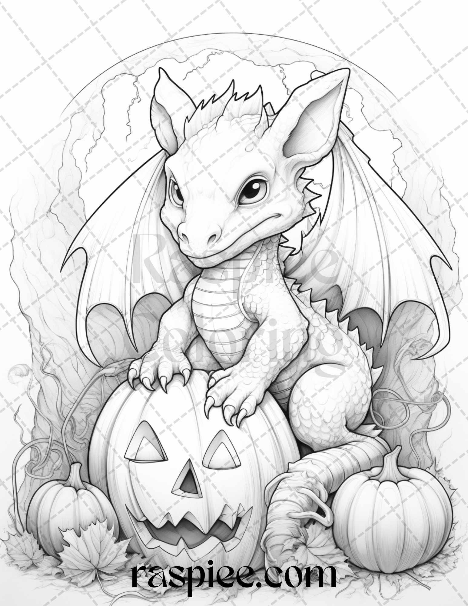 50 Cute Pumpkin Dragons Graycale Coloring Pages for Adults and Kids, Printable PDF File Instant Download
