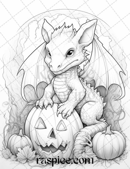 50 Cute Pumpkin Dragons Graycale Coloring Pages for Adults and Kids, Printable PDF File Instant Download