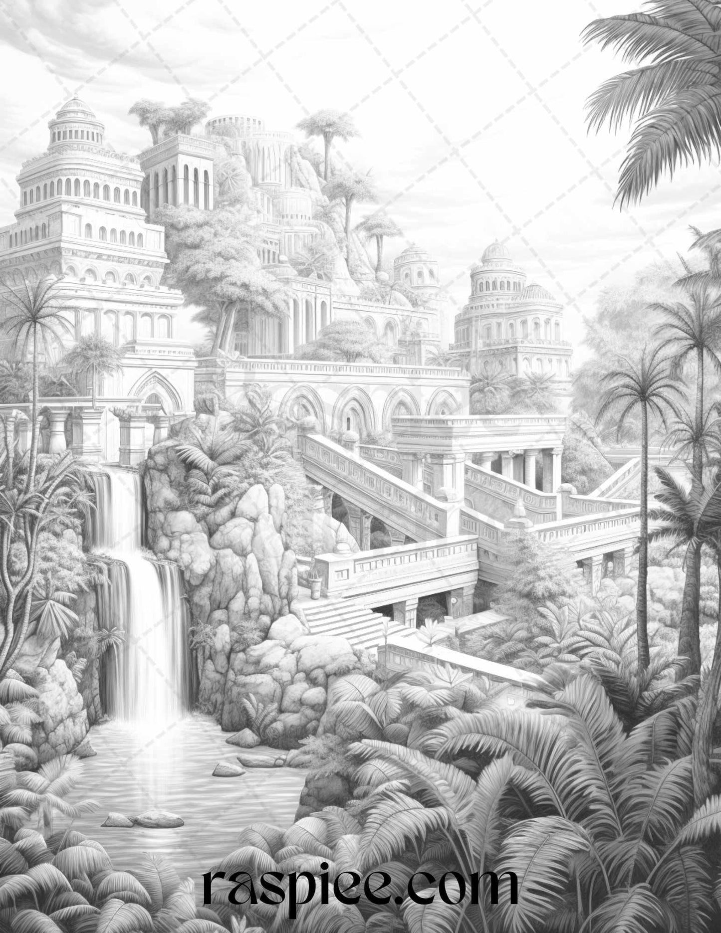 Hanging Gardens of Babylon Grayscale Coloring Pages Printable, PDF File Instant Download