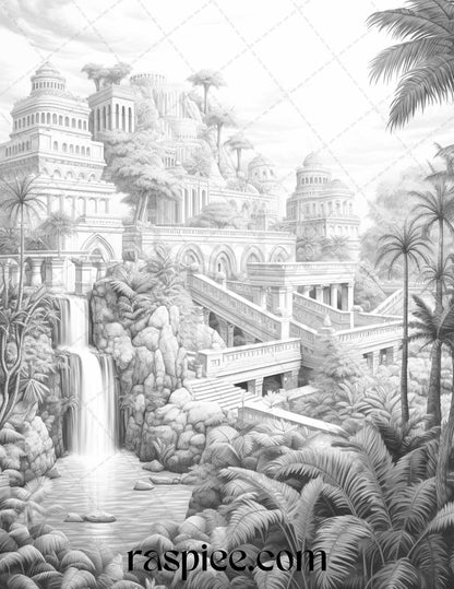 Hanging Gardens of Babylon Grayscale Coloring Pages Printable, PDF File Instant Download
