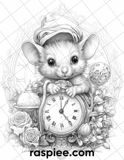 50 Enchanting Fairytale Mice Grayscale Coloring Pages Printable for Adults, PDF File Instant Download