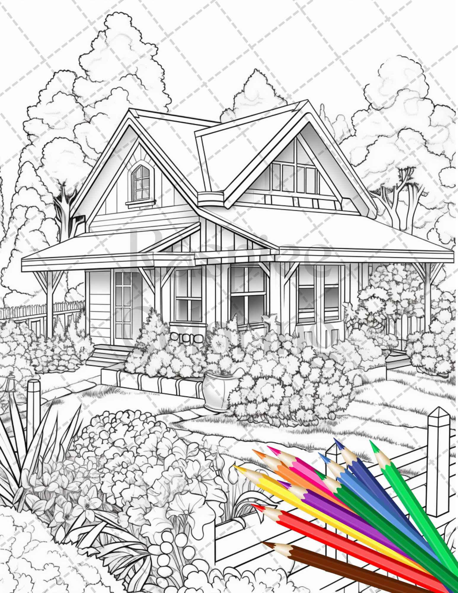 Charming Farmhouse Scenery Grayscale Coloring Pages Printable for Adults, PDF File Instant Download