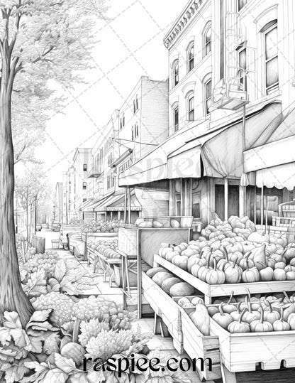 Autumn Street Markets Grayscale Coloring Pages for Adults, Printable PDF File Instant Download