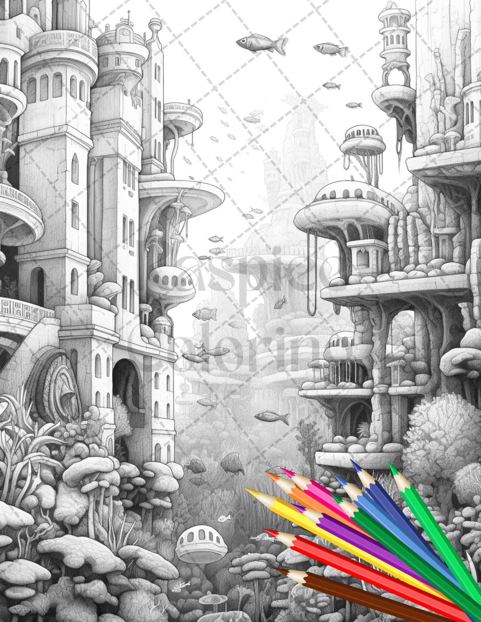 Enchanted Underwater City Grayscale Coloring Pages Printable for Adults, PDF File Instant Download