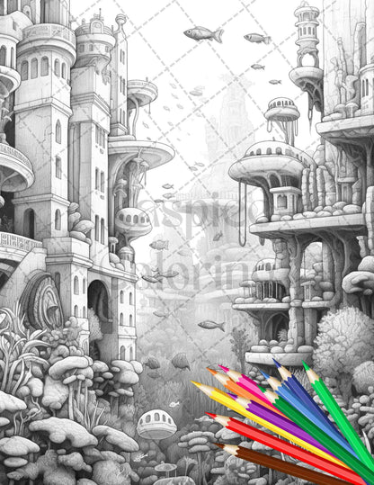 Enchanted Underwater City Grayscale Coloring Pages Printable for Adults, PDF File Instant Download