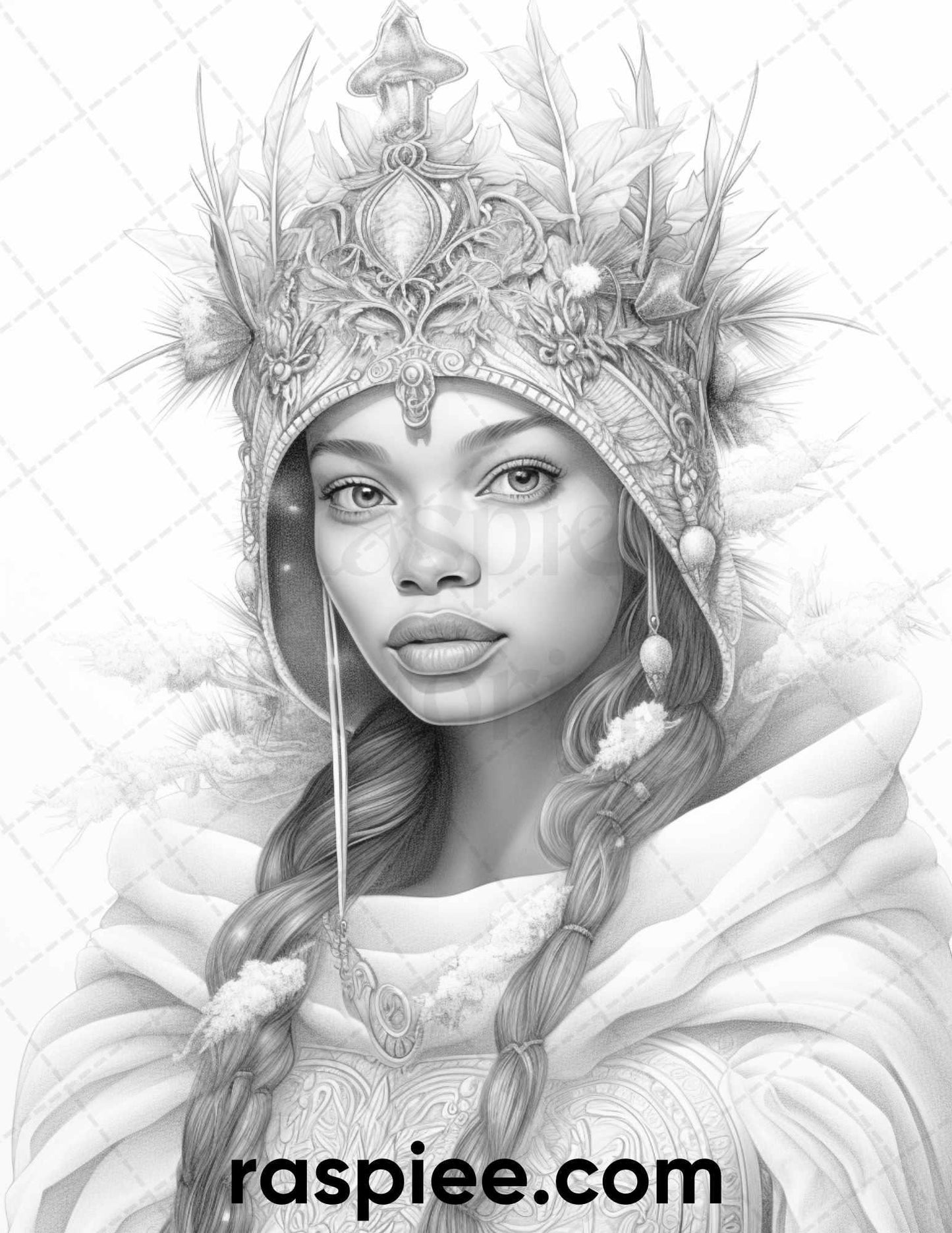50 Winter Queens Portrait Grayscale Coloring Pages Printable for Adults, PDF File Instant Download