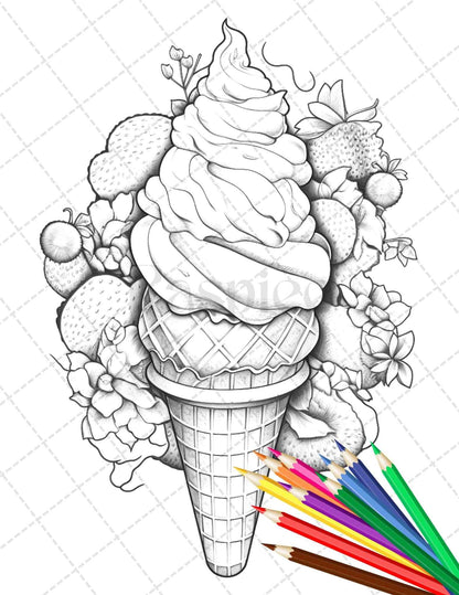 52 Printable Ice Cream Desserts Coloring Pages for Adults and Kids, Grayscale Coloring Page, PDF File Instant Download